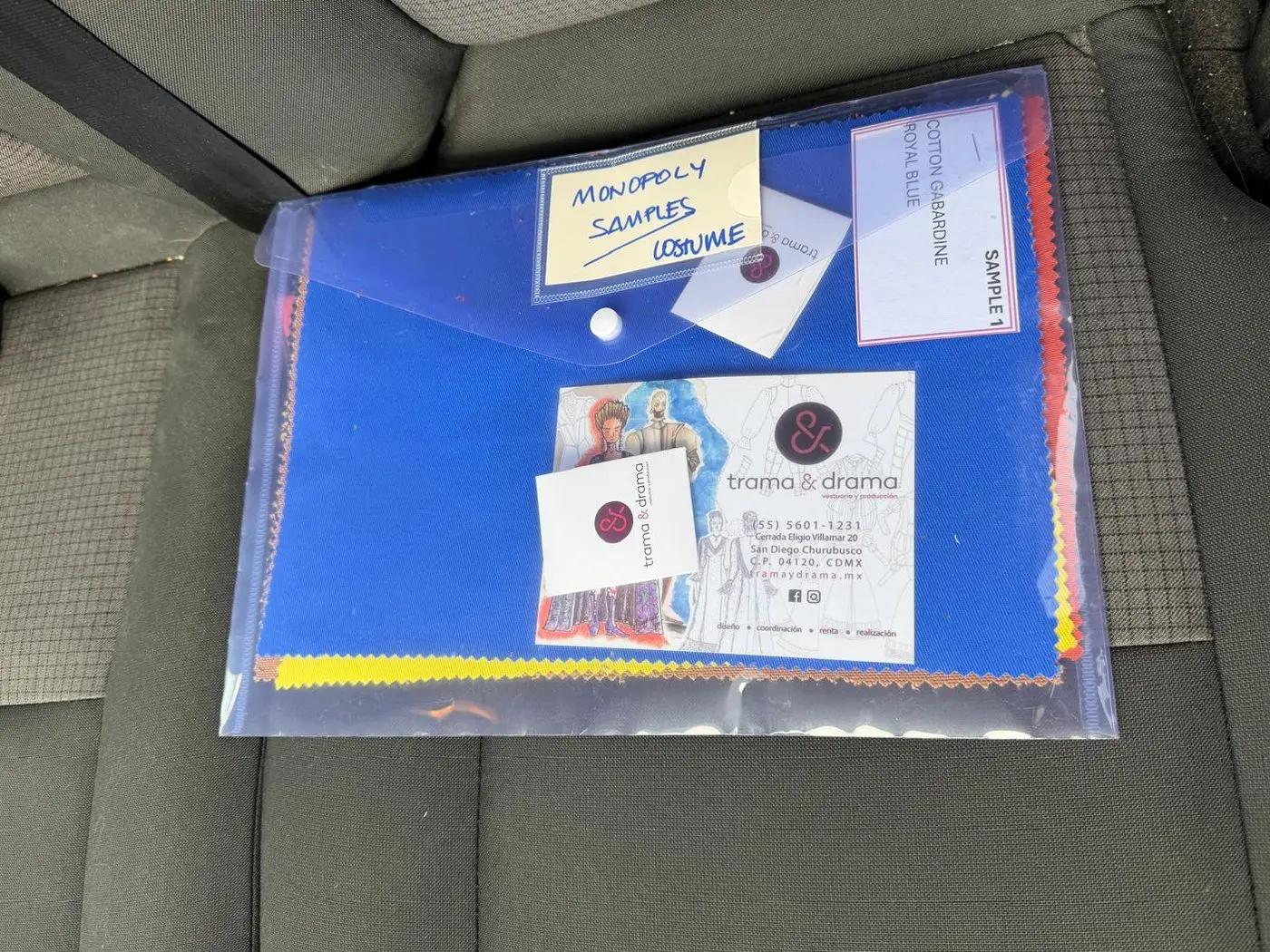 Costume fabric samples packed for a same-day job