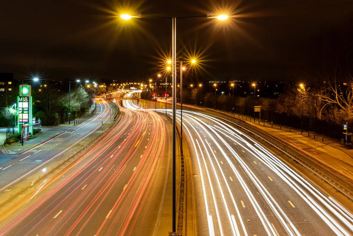 Light trails on a London road at night